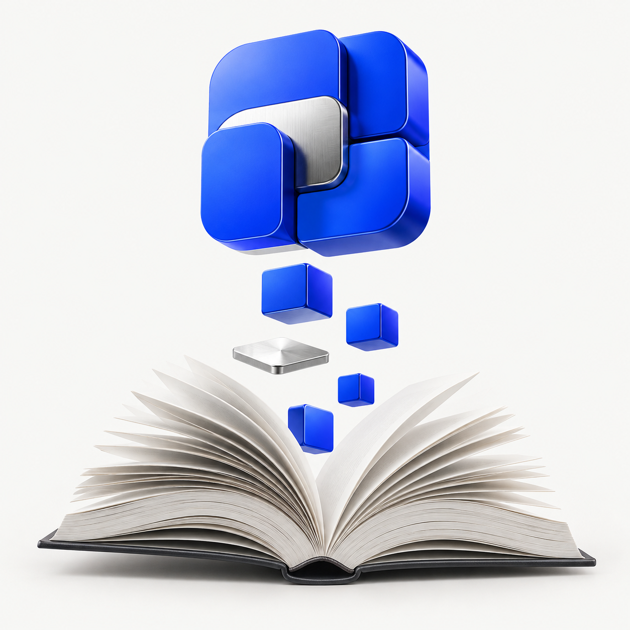 Ilustración de un libro abierto que se transforma en módulos digitales azules, una conexión entre conocimiento y tecnología.